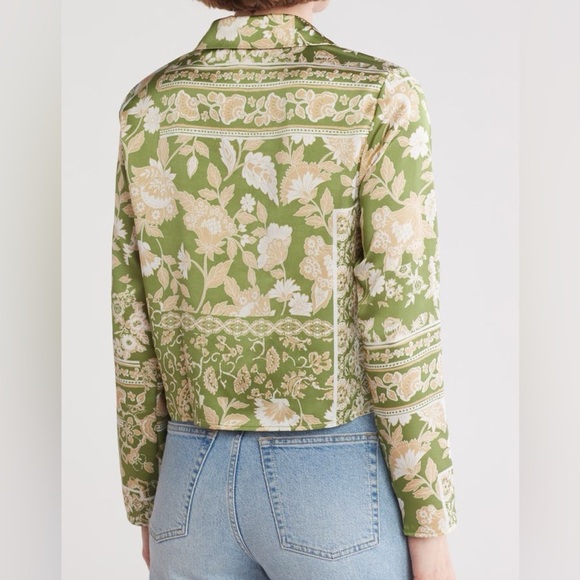 Nordstrom Deep Lime Silk-like Long Sleeve Patch Green Floral Blouse - Picture 13 of 13